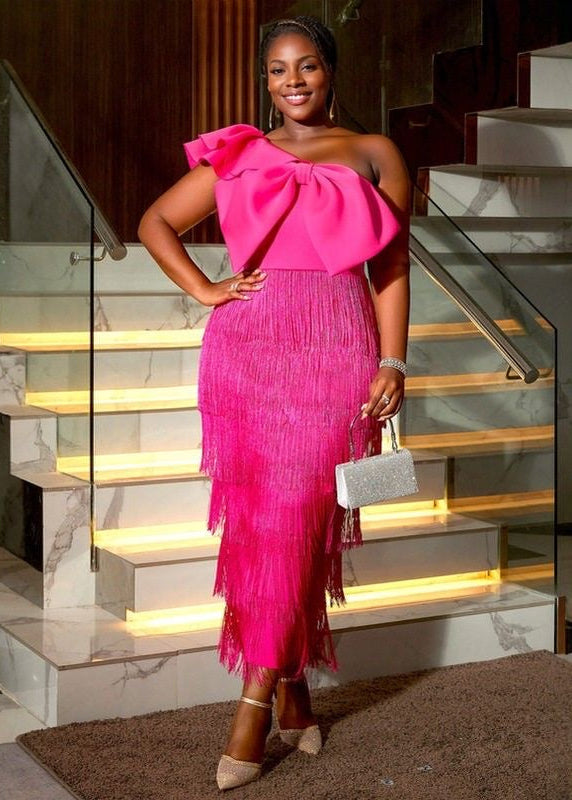 One Shoulder Bow Midi Dress with Tiered Fringe Skirt
