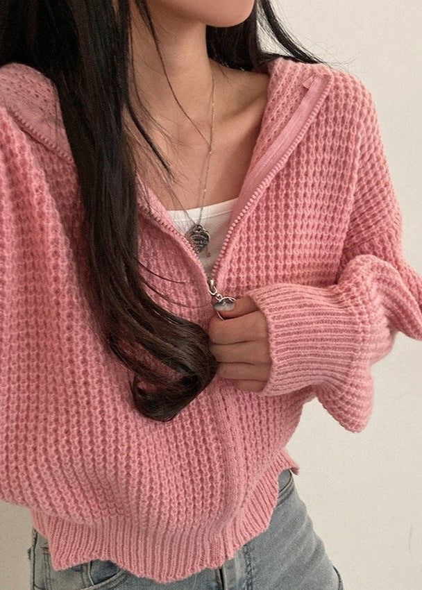 Pink Waffle-Knit Hooded Zip Cardigan – Women’s Cropped Sweater