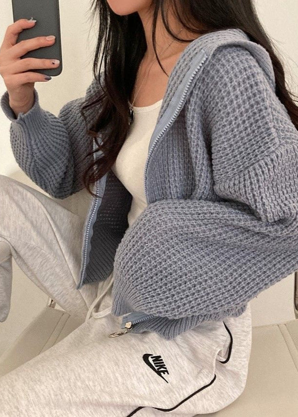Pink Waffle-Knit Hooded Zip Cardigan – Women’s Cropped Sweater