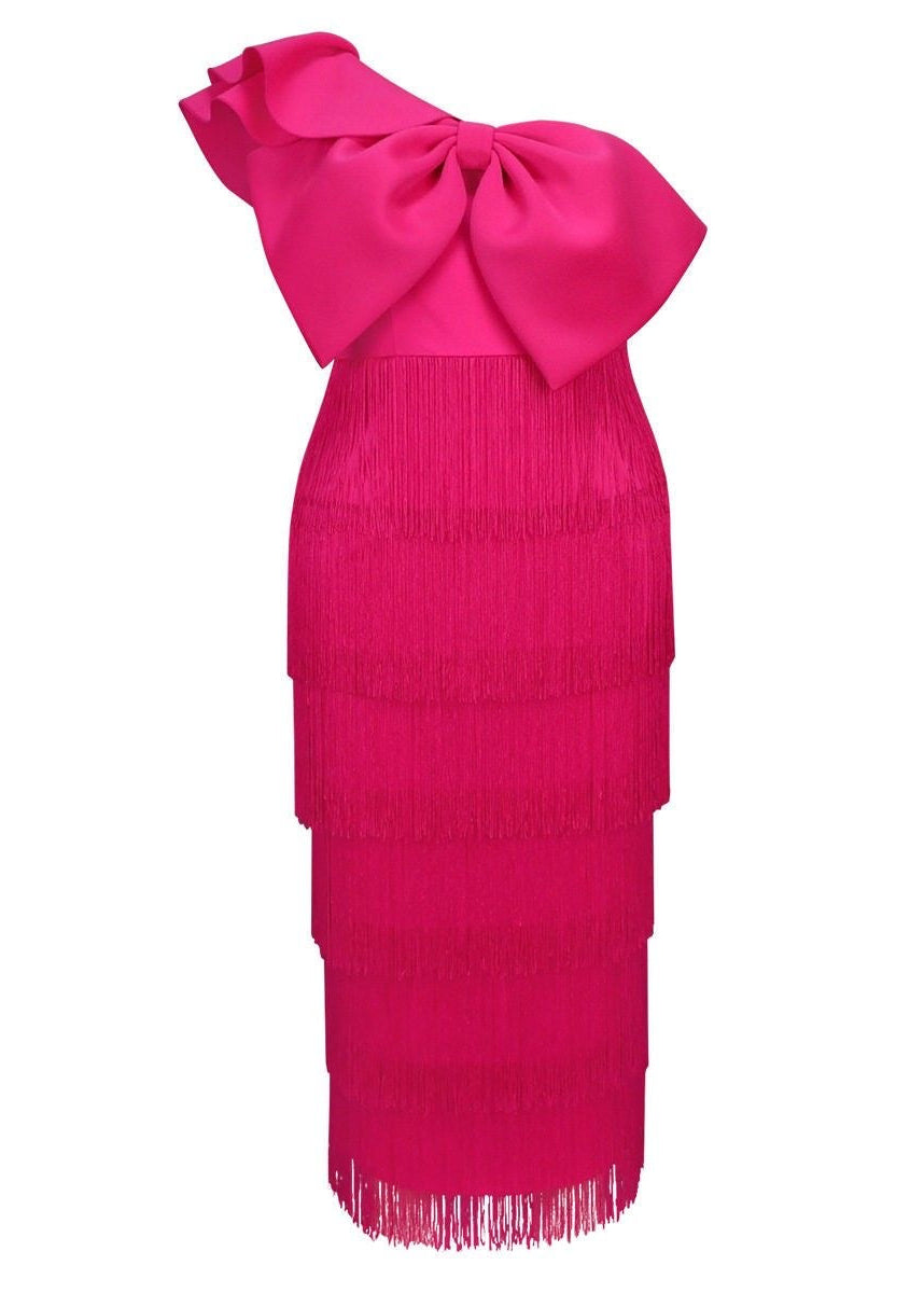 One Shoulder Bow Midi Dress with Tiered Fringe Skirt