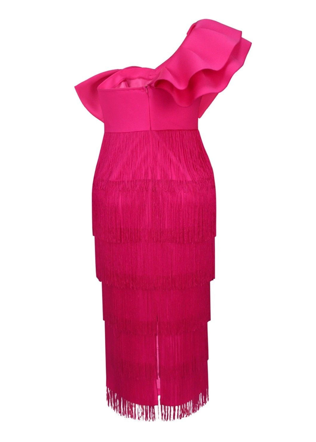 One Shoulder Bow Midi Dress with Tiered Fringe Skirt