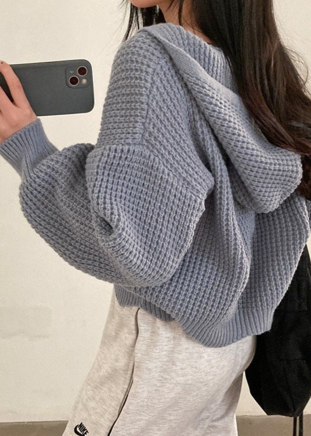 Pink Waffle-Knit Hooded Zip Cardigan – Women’s Cropped Sweater
