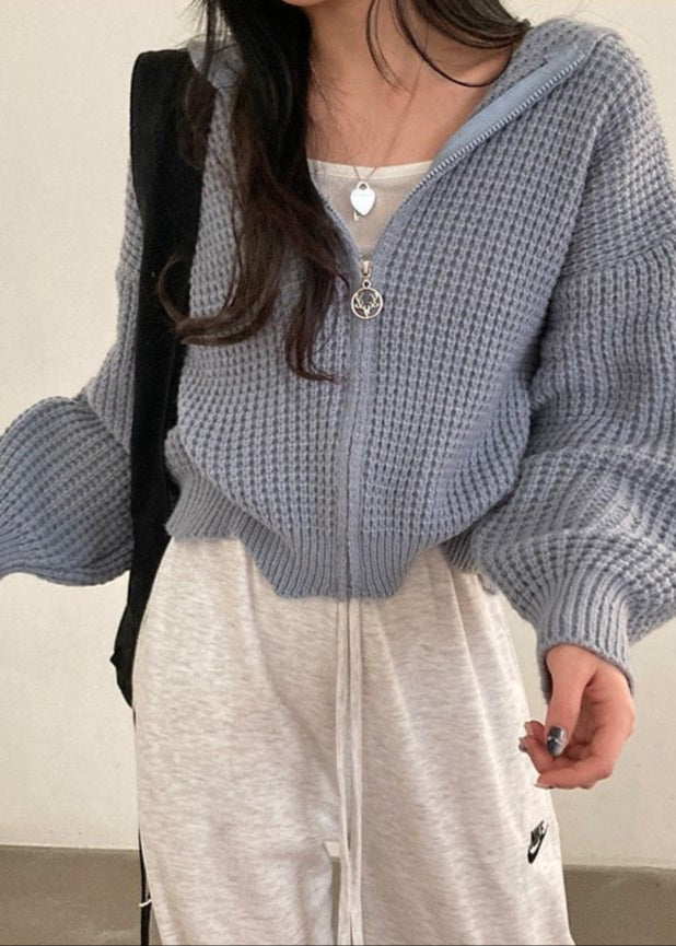 Pink Waffle-Knit Hooded Zip Cardigan – Women’s Cropped Sweater