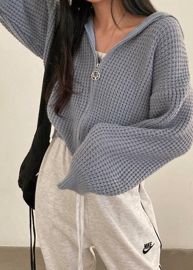 Pink Waffle-Knit Hooded Zip Cardigan – Women’s Cropped Sweater