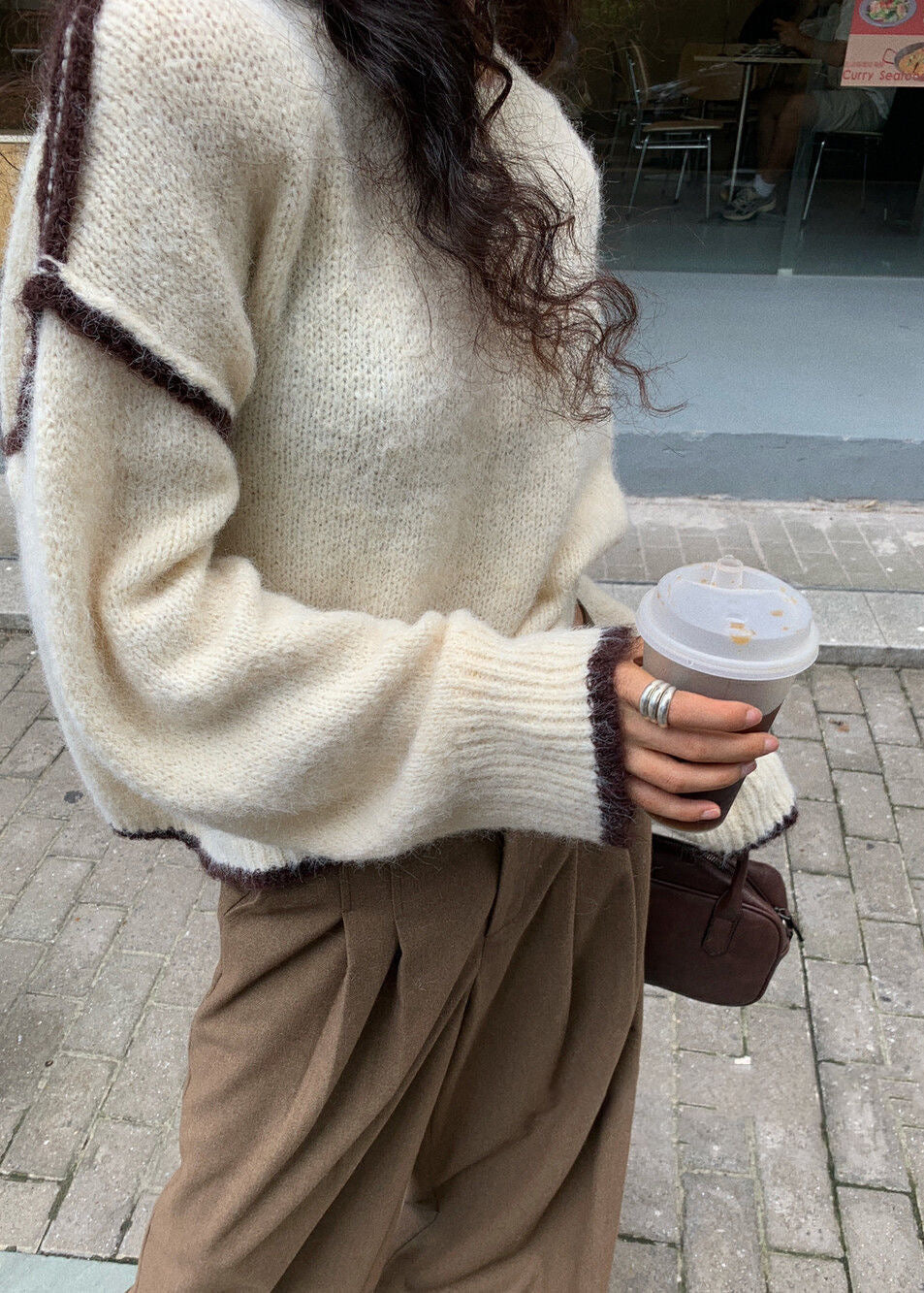 Gray Fuzzy Contrast-Trim Sweater – Women’s Loose Crewneck Pullover