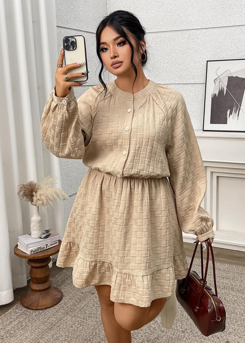 Beige Textured Button-Front Mini Dress with Ruffle Hem