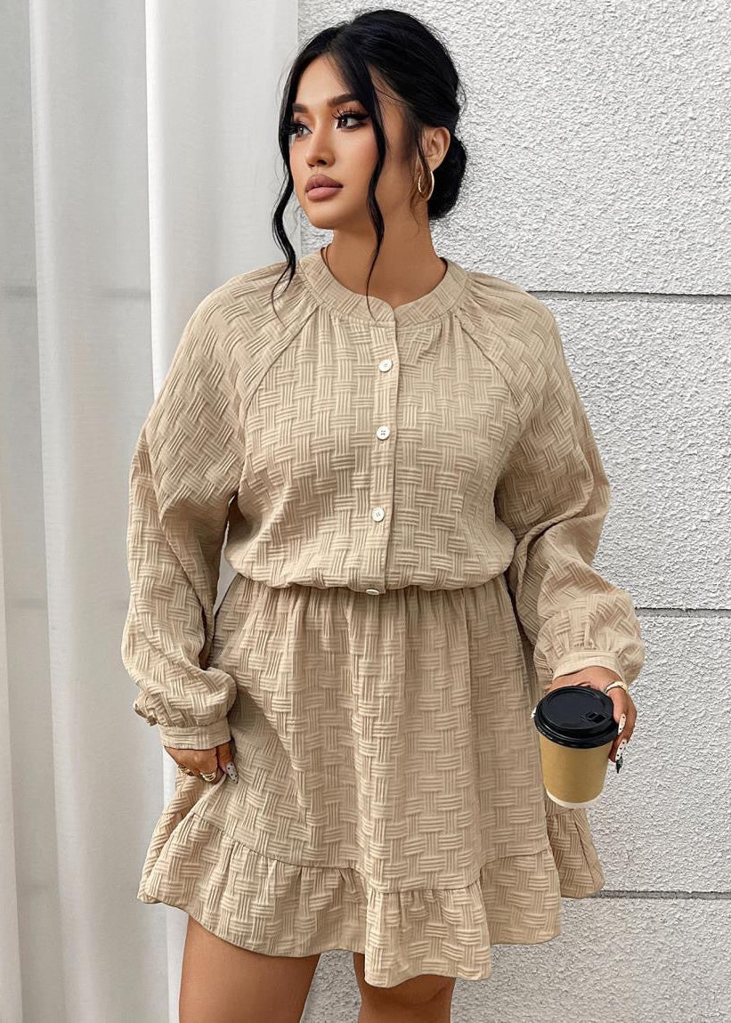 Beige Textured Button-Front Mini Dress with Ruffle Hem