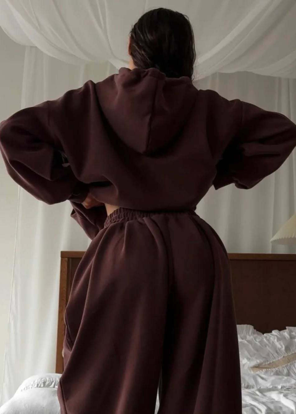 Chocolate Brown Zip-Up Hoodie Set – Relaxed Fit Loungewear for Women