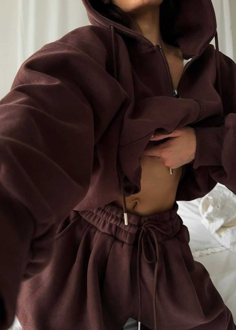 Chocolate Brown Zip-Up Hoodie Set – Relaxed Fit Loungewear for Women