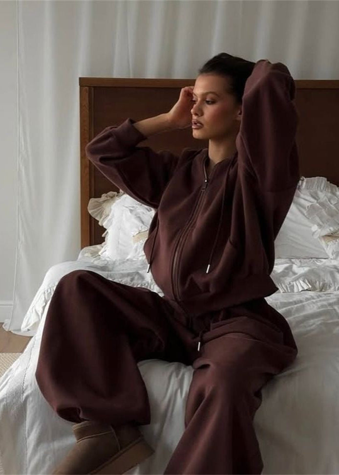 Chocolate Brown Zip-Up Hoodie Set – Relaxed Fit Loungewear for Women