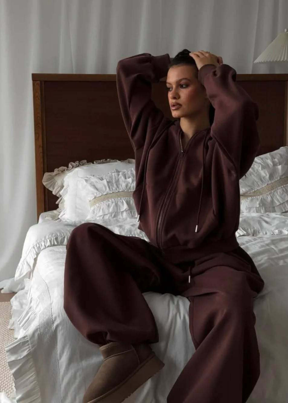Chocolate Brown Zip-Up Hoodie Set – Relaxed Fit Loungewear for Women