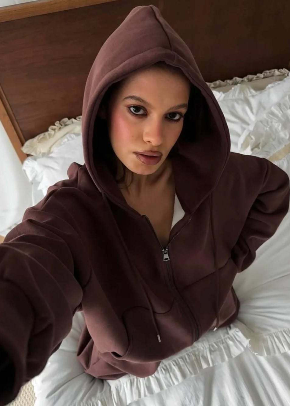 Chocolate Brown Zip-Up Hoodie Set – Relaxed Fit Loungewear for Women