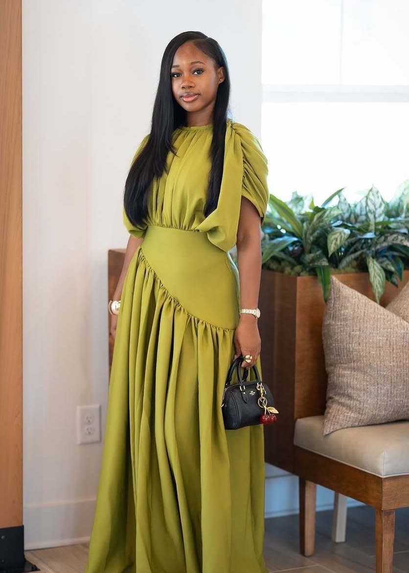 Olive Green Draped Maxi Dress with Puff Sleeves and Asymmetric Gathered Skirt