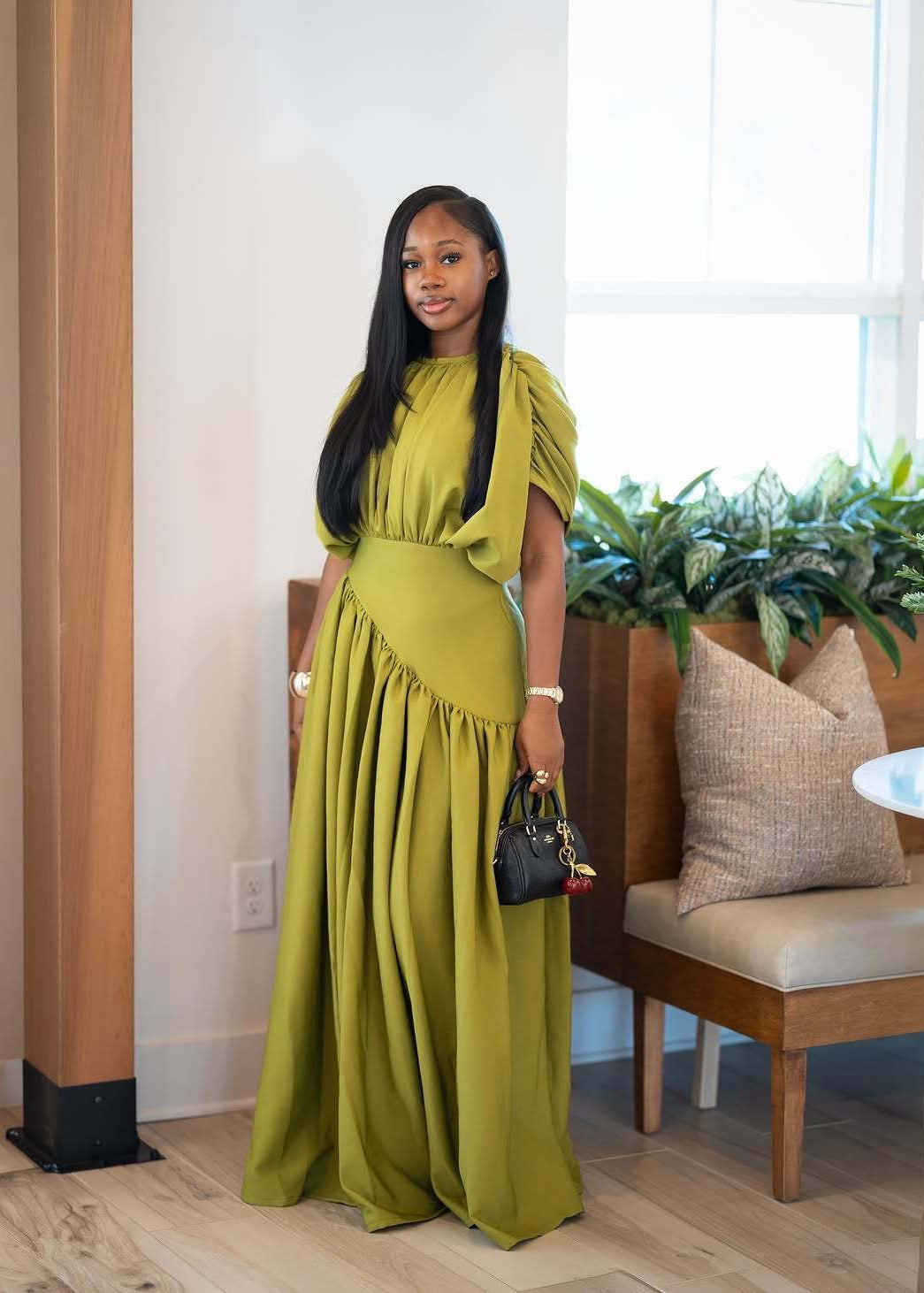 Olive Green Draped Maxi Dress with Puff Sleeves and Asymmetric Gathered Skirt