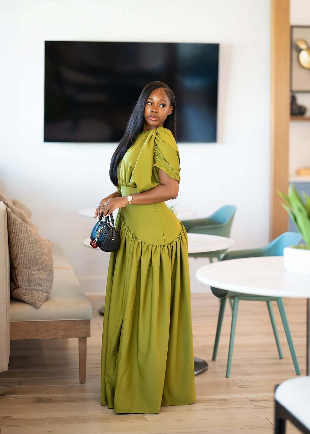 Olive Green Draped Maxi Dress with Puff Sleeves and Asymmetric Gathered Skirt