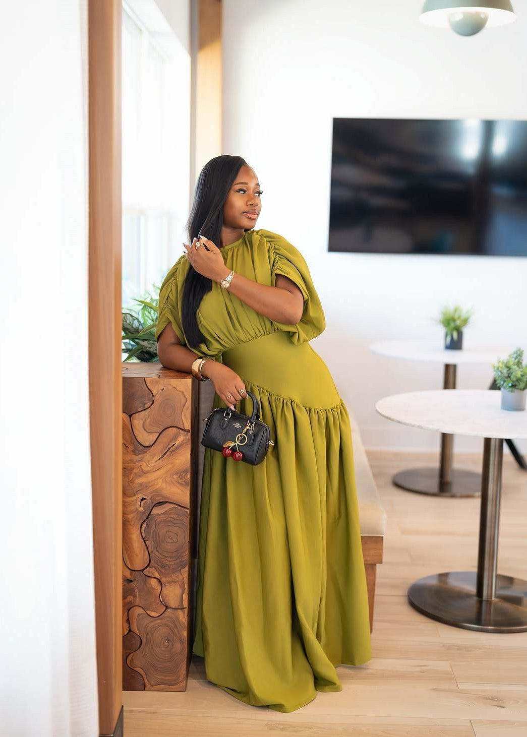 Olive Green Draped Maxi Dress with Puff Sleeves and Asymmetric Gathered Skirt