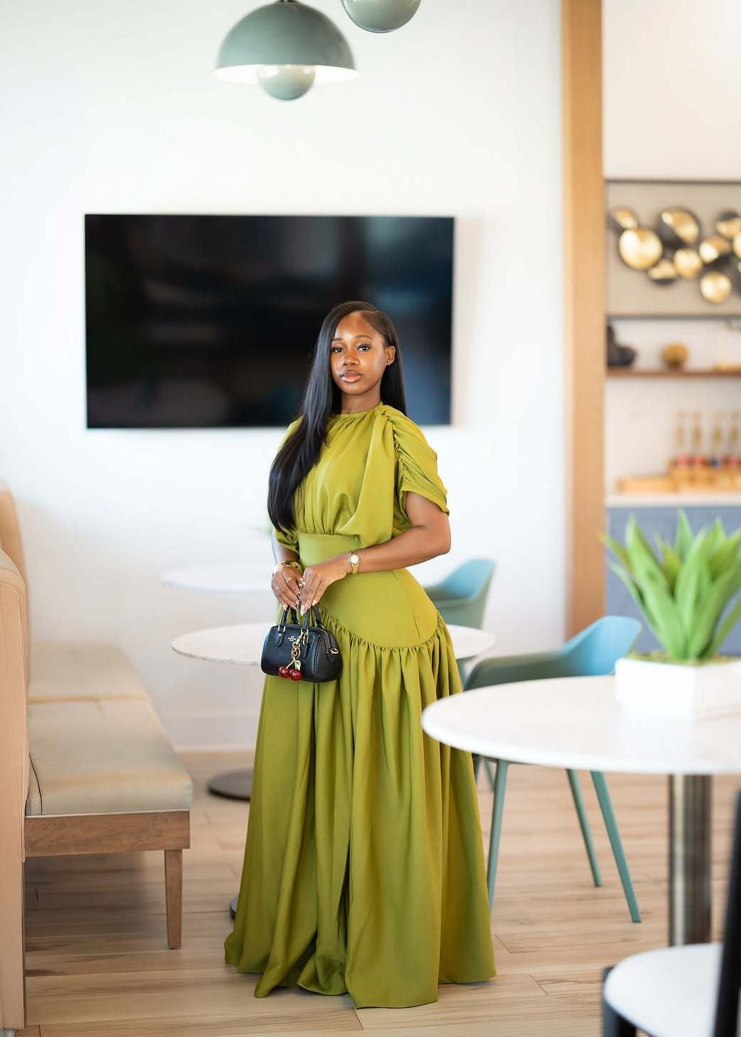 Olive Green Draped Maxi Dress with Puff Sleeves and Asymmetric Gathered Skirt