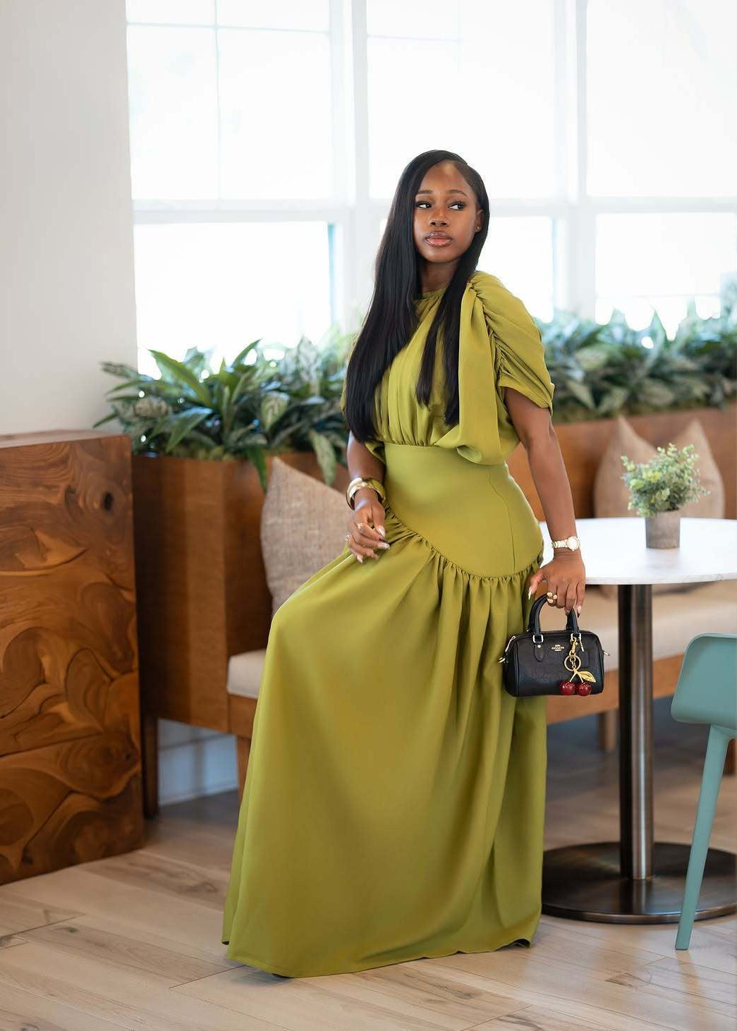 Olive Green Draped Maxi Dress with Puff Sleeves and Asymmetric Gathered Skirt