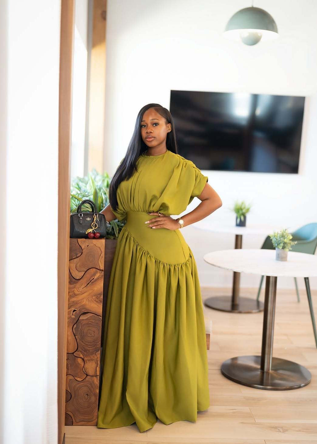 Olive Green Draped Maxi Dress with Puff Sleeves and Asymmetric Gathered Skirt