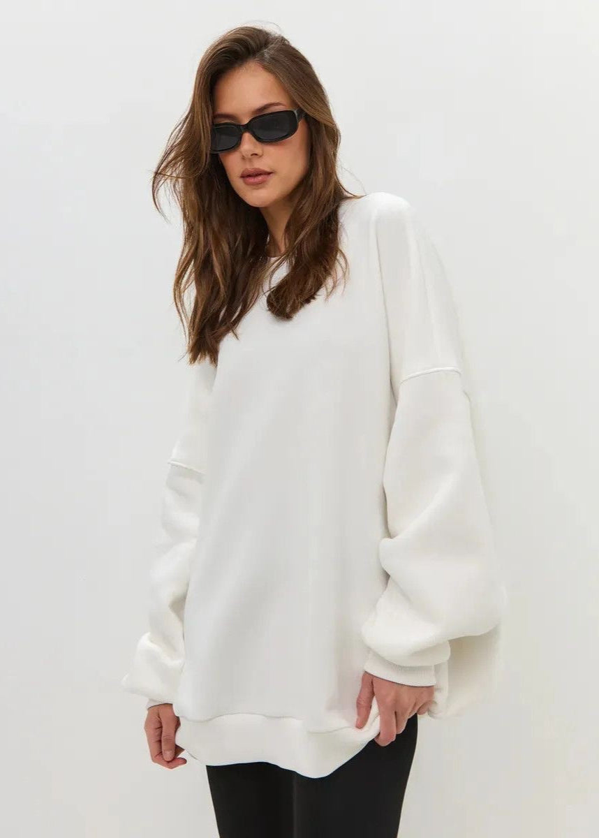 White Oversized Crewneck Sweatshirt – Women’s Longline Fleece Pullover