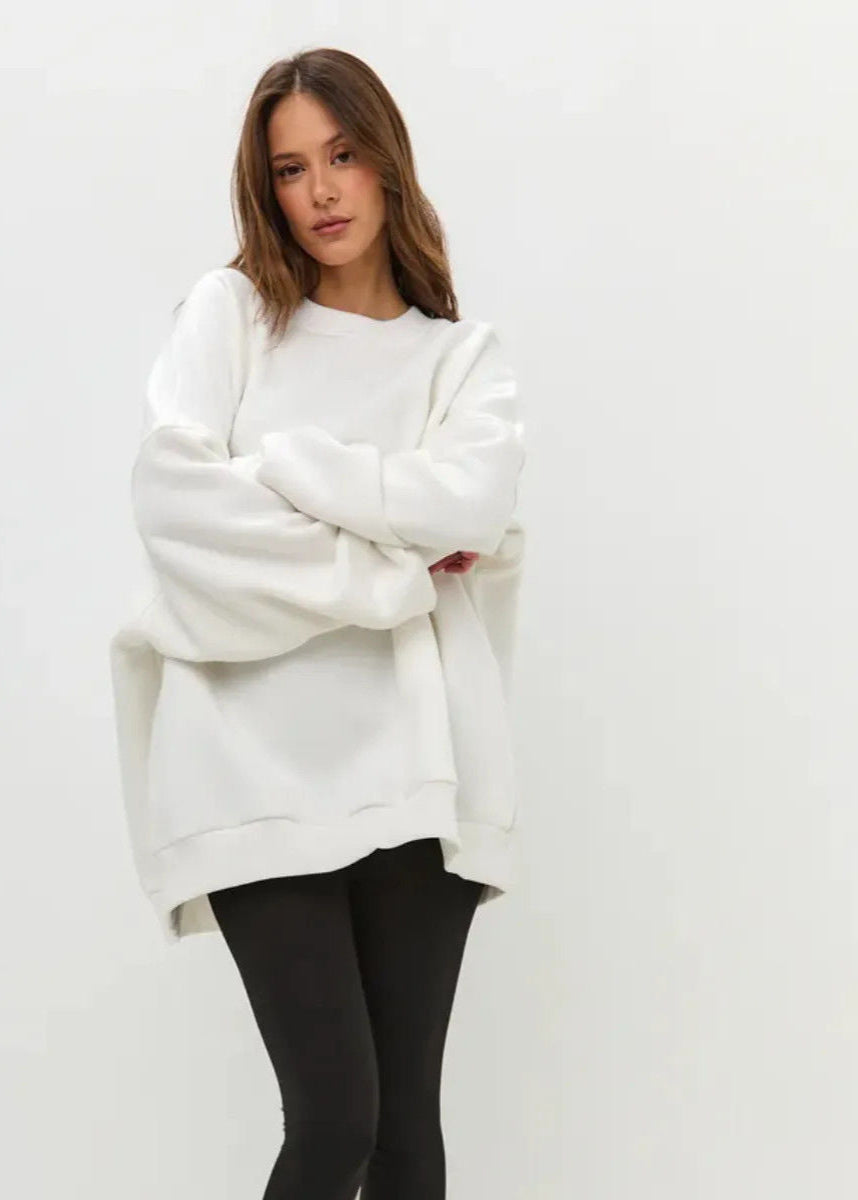 White Oversized Crewneck Sweatshirt – Women’s Longline Fleece Pullover