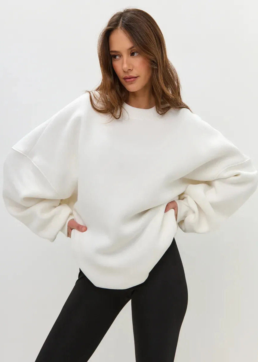 White Oversized Crewneck Sweatshirt – Women’s Longline Fleece Pullover