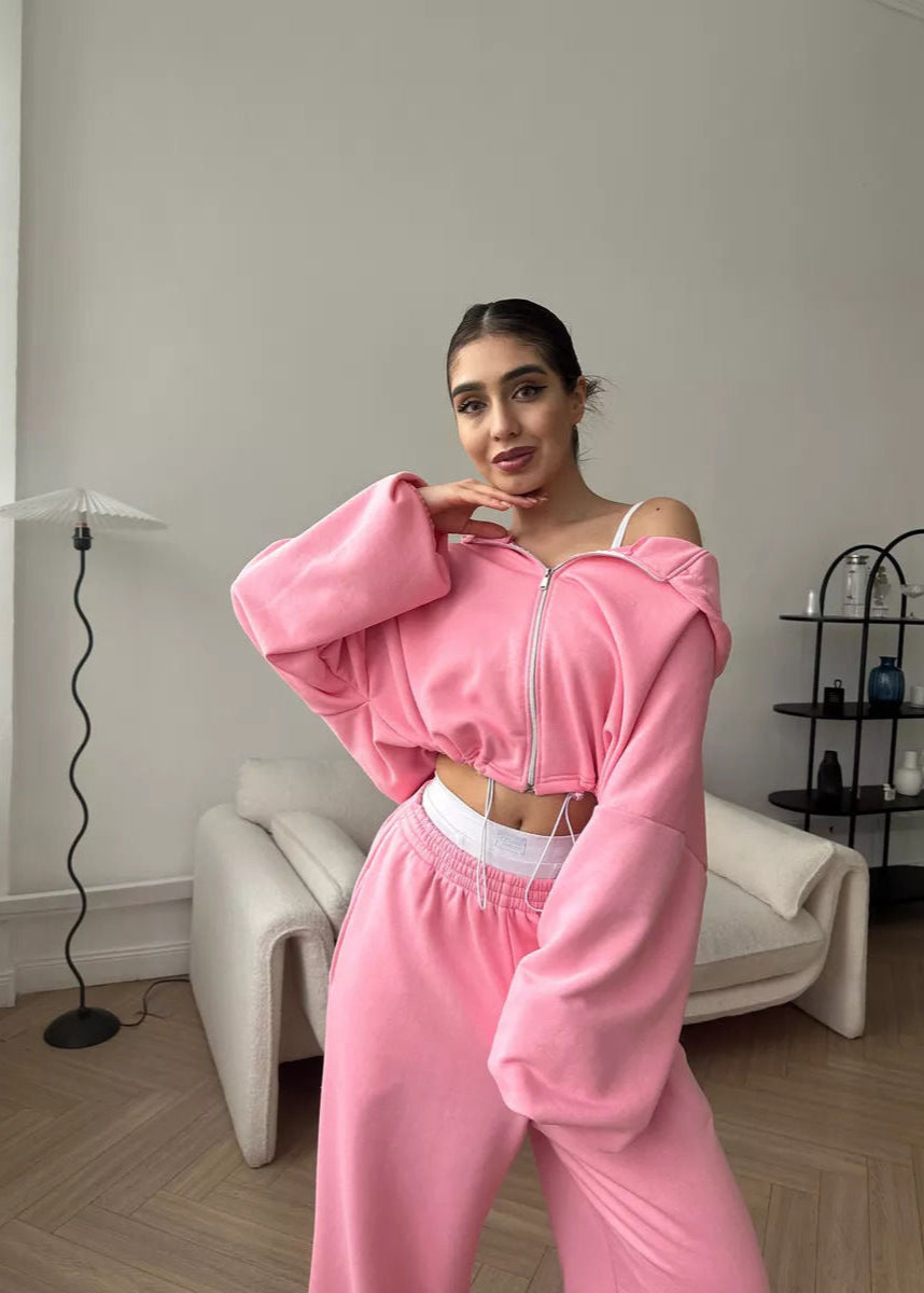 Bubblegum Pink Cropped Zip Hoodie and Wide-Leg Pants Set