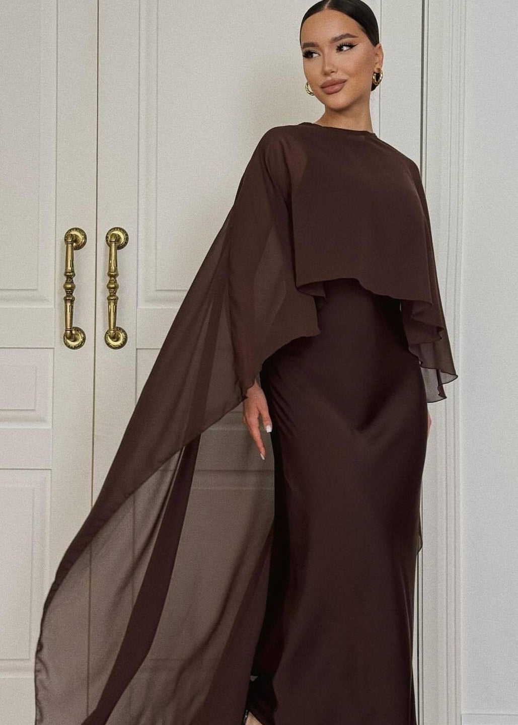 Chiffon Cape Overlay Maxi Dress – Elegant Two-Piece Set