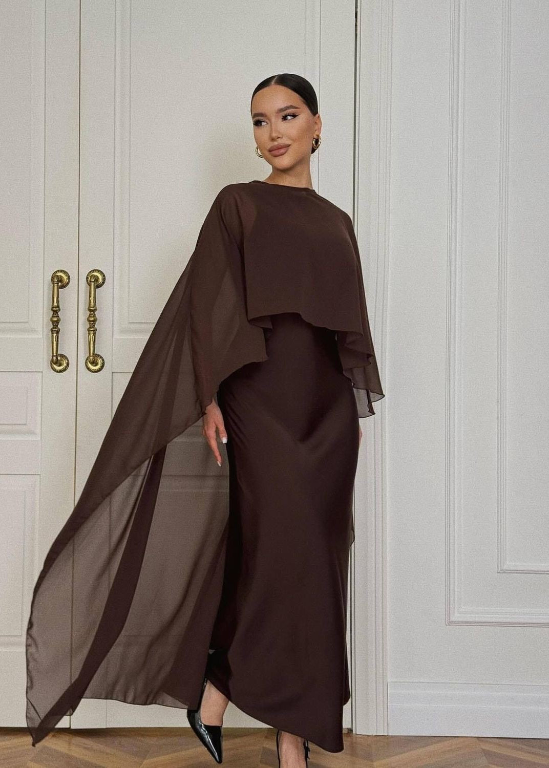 Chiffon Cape Overlay Maxi Dress – Elegant Two-Piece Set