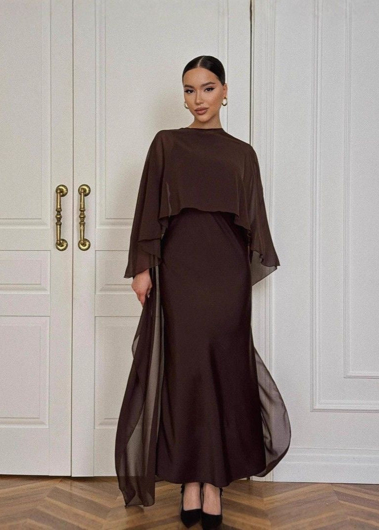 Chiffon Cape Overlay Maxi Dress – Elegant Two-Piece Set