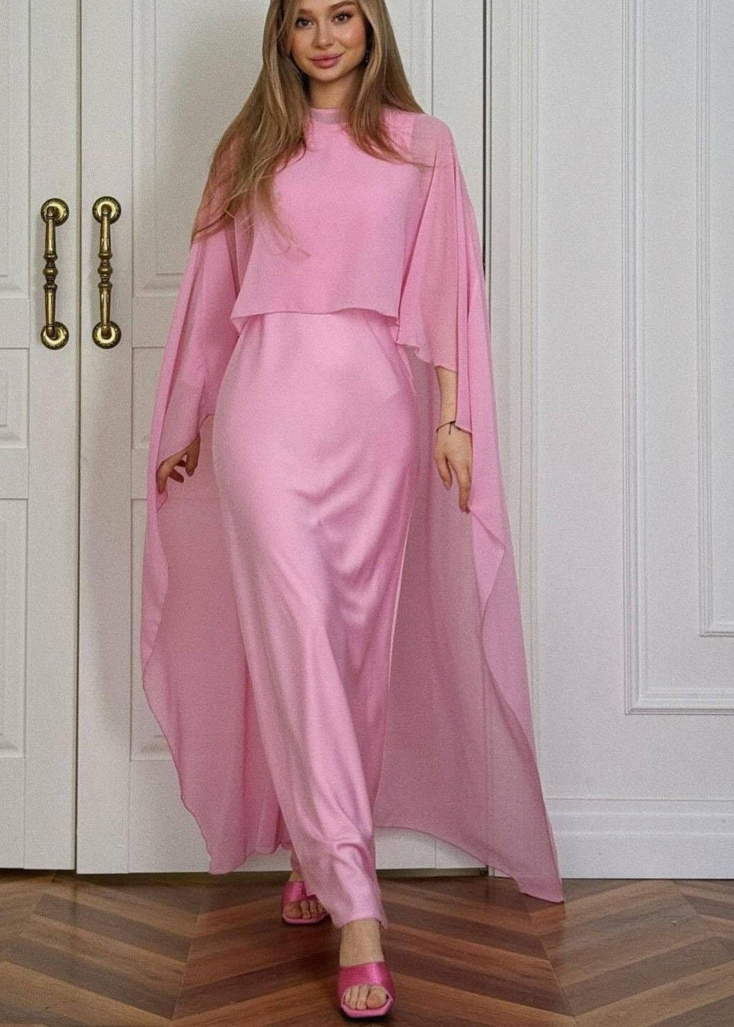 Chiffon Cape Overlay Maxi Dress – Elegant Two-Piece Set