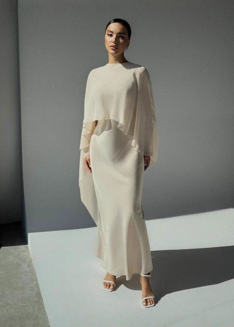 Chiffon Cape Overlay Maxi Dress – Elegant Two-Piece Set