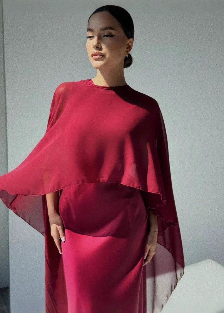 Chiffon Cape Overlay Maxi Dress – Elegant Two-Piece Set