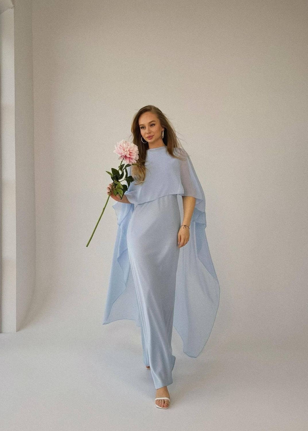 Chiffon Cape Overlay Maxi Dress – Elegant Two-Piece Set