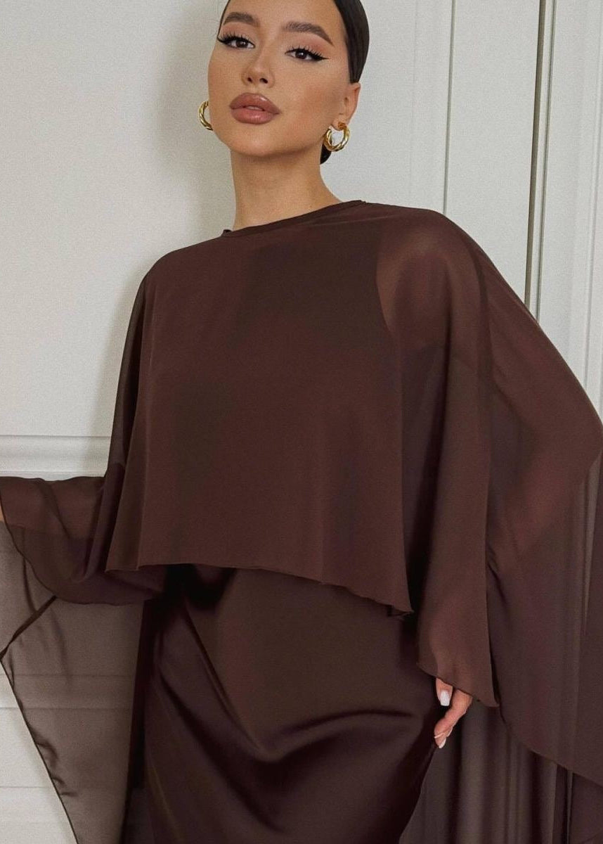 Chiffon Cape Overlay Maxi Dress – Elegant Two-Piece Set