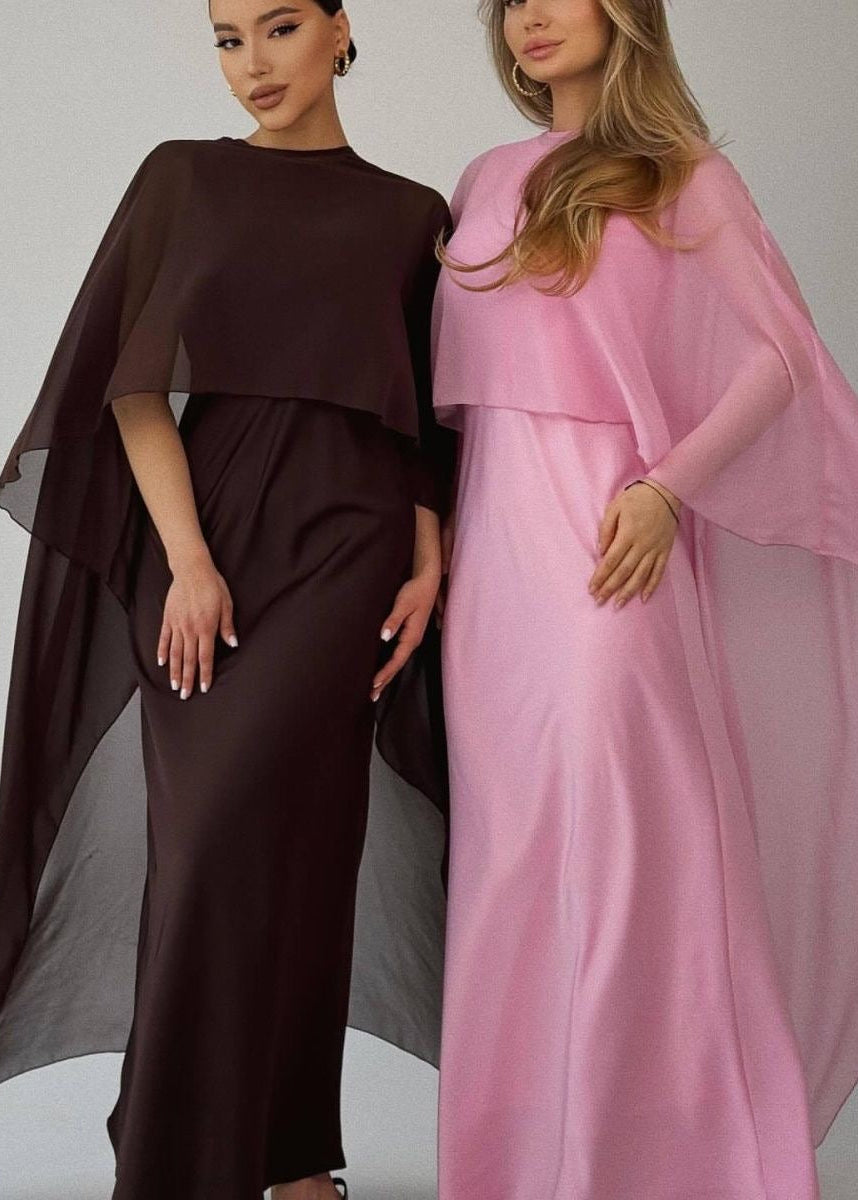 Chiffon Cape Overlay Maxi Dress – Elegant Two-Piece Set