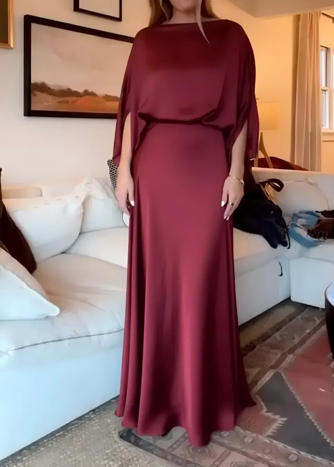 Draped Cape Sleeve Maxi Dress with Boat Neck and Flowy A-Line Skirt