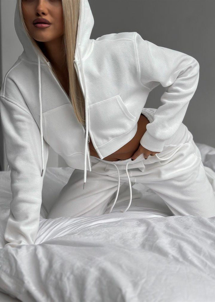 White Cropped Hoodie and Wide-Leg Pants Lounge Set