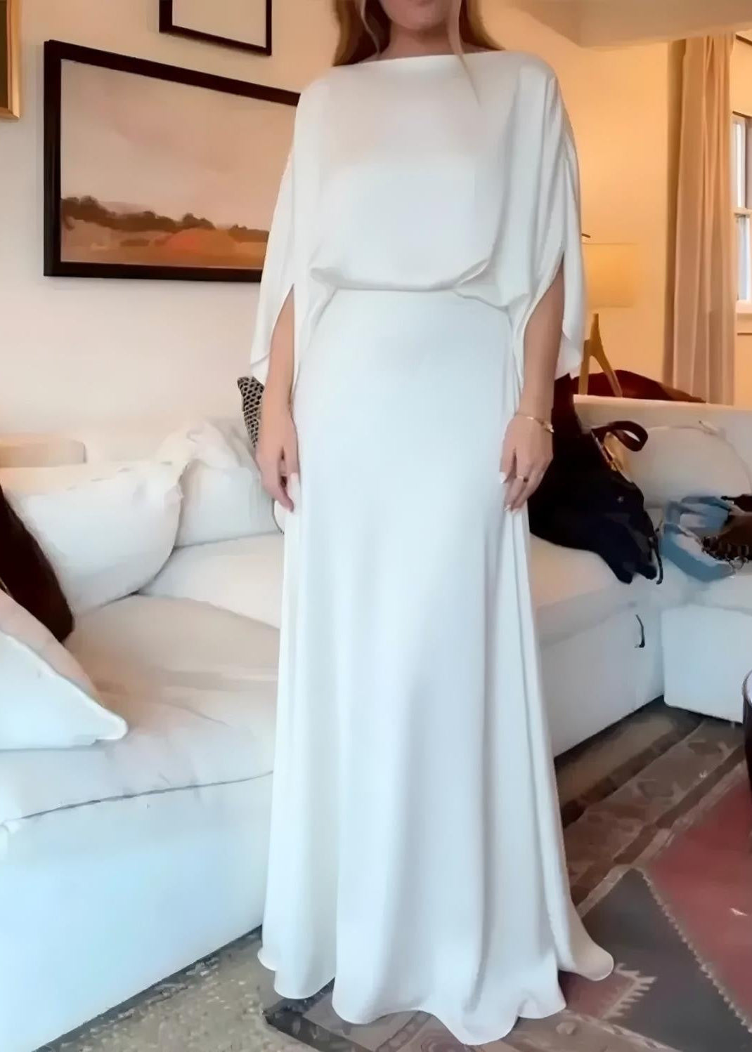 Draped Cape Sleeve Maxi Dress with Boat Neck and Flowy A-Line Skirt