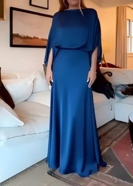 Draped Cape Sleeve Maxi Dress with Boat Neck and Flowy A-Line Skirt