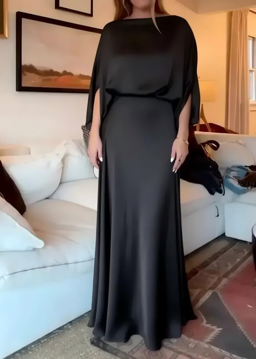 Draped Cape Sleeve Maxi Dress with Boat Neck and Flowy A-Line Skirt