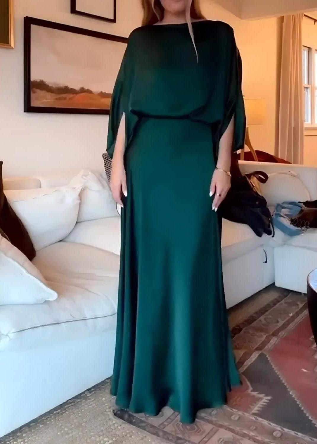 Draped Cape Sleeve Maxi Dress with Boat Neck and Flowy A-Line Skirt