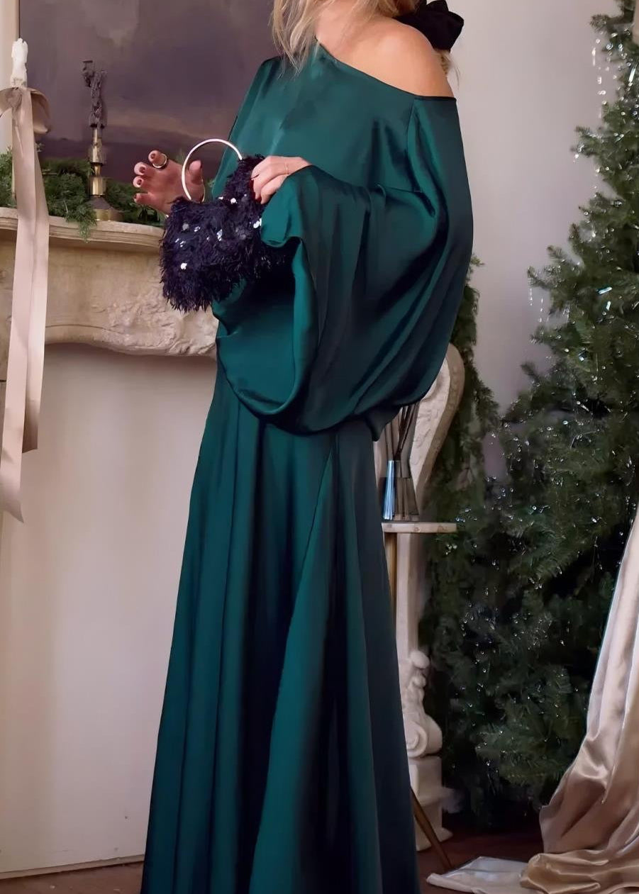 Draped Cape Sleeve Maxi Dress with Boat Neck and Flowy A-Line Skirt