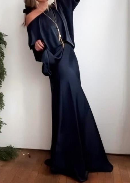 Draped Cape Sleeve Maxi Dress with Boat Neck and Flowy A-Line Skirt