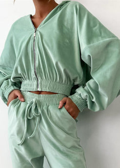 Mint Velour Zip Hoodie and Jogger Set – Relaxed Two-Piece Women’s Outfit