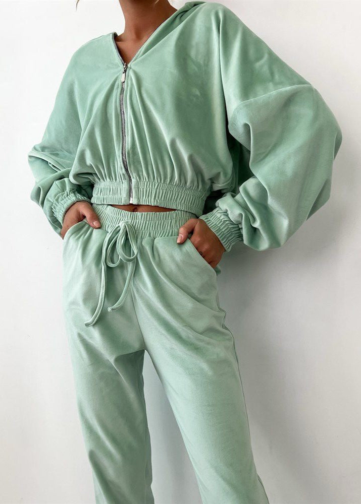 Mint Velour Zip Hoodie and Jogger Set – Relaxed Two-Piece Women’s Outfit