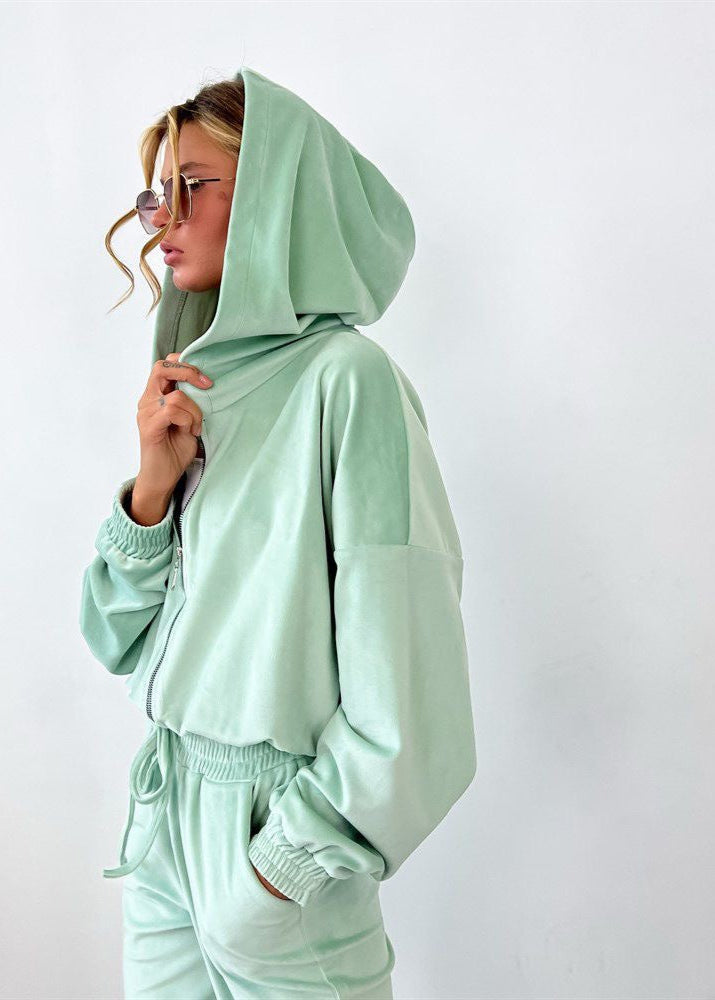 Mint Velour Zip Hoodie and Jogger Set – Relaxed Two-Piece Women’s Outfit