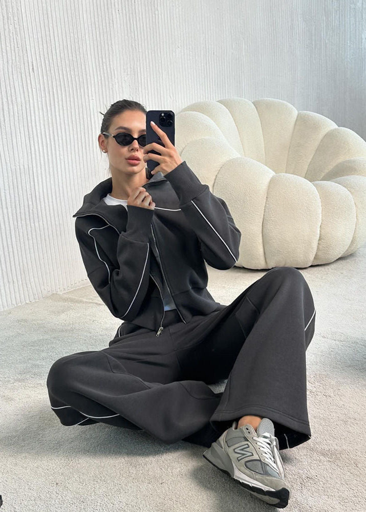 Navy Zip-Up Hoodie and Wide-Leg Pants Set – Women’s Casual Two-Piece Outfit