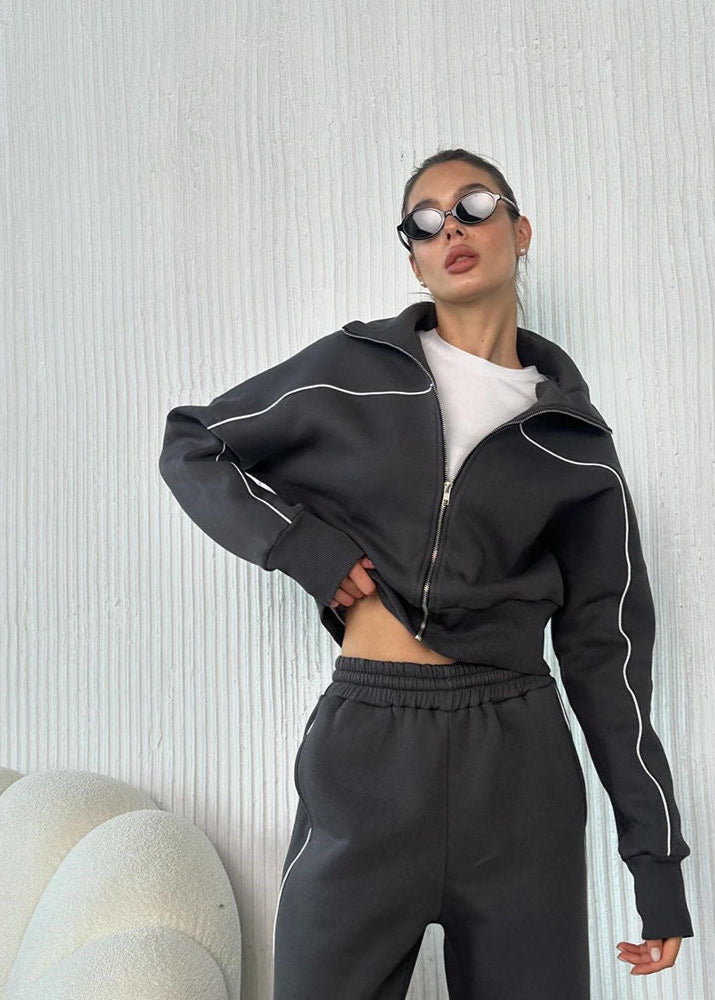 Navy Zip-Up Hoodie and Wide-Leg Pants Set – Women’s Casual Two-Piece Outfit