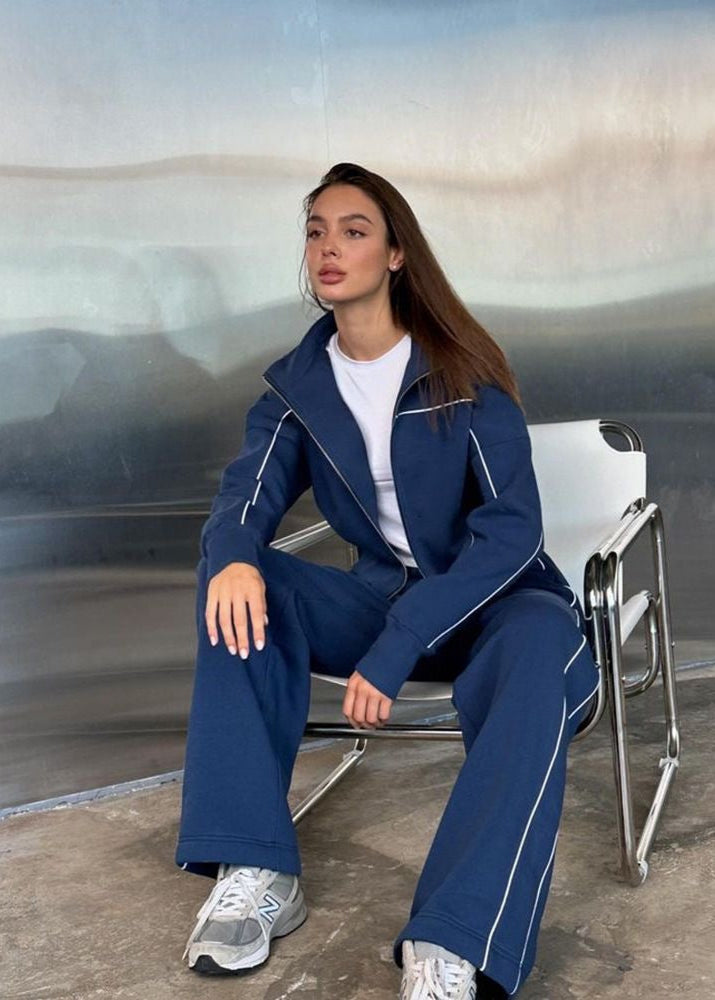 Navy Zip-Up Hoodie and Wide-Leg Pants Set – Women’s Casual Two-Piece Outfit